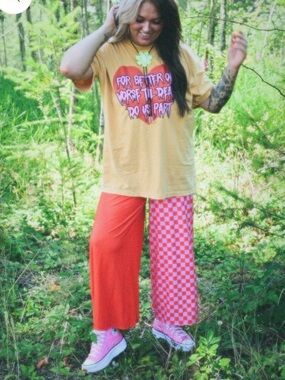 Wide Leg Colorblock Checkerboard Pants - red/Orange & Pink